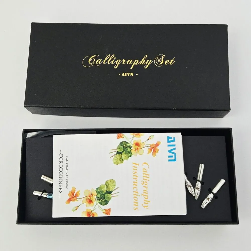 Beginner Calligraphy Set Starter Kit w/ Wooden Dip Pen 2 Ink Bottles Steel Nibs